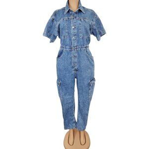 We The Free Women's Blue Cargo Pocket Button-Front Jumpsuit Sized Large